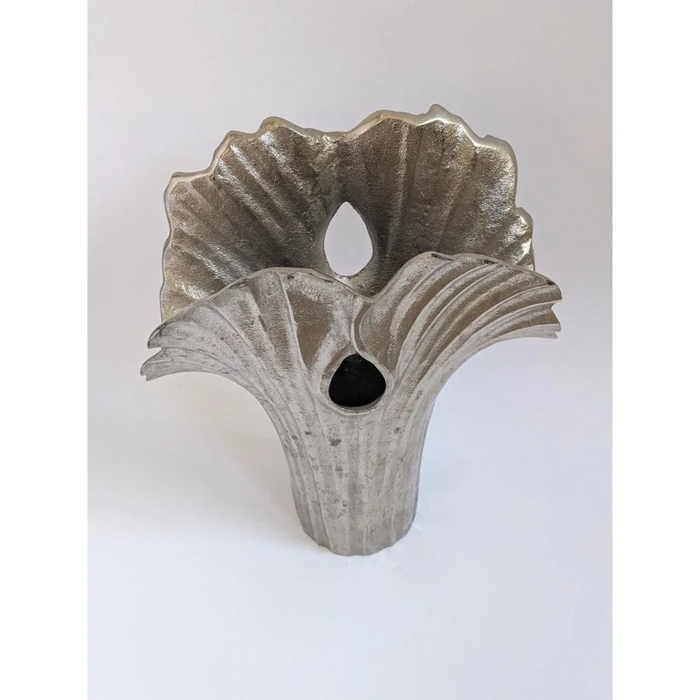 Postmodern Ginkgo Leaf Metal Vase Cast Aluminum? Sculptural Silver Decor 12.5